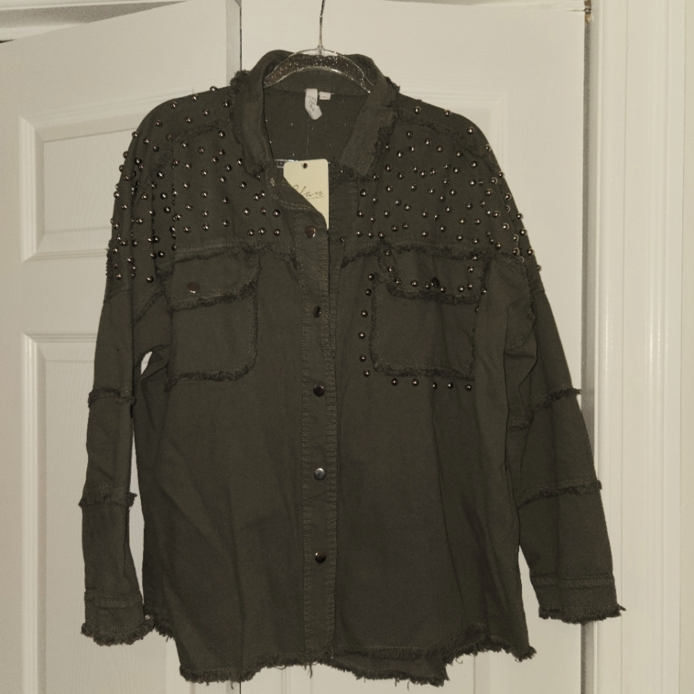 Woven button down with embellishments